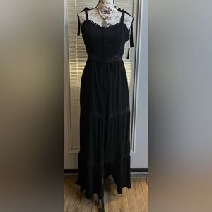 Forever 21 Black Maxi Dress w/ Button Front Lace Details and Tie Sleeves